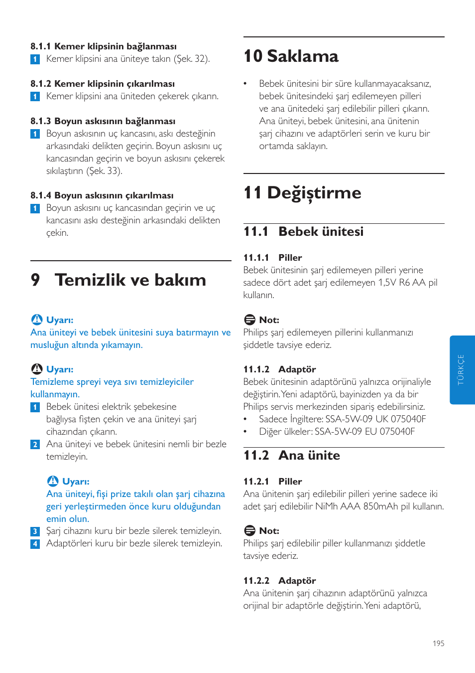 10 saklama, 11 değiştirme, 9 temizlik ve bakım | 1 bebek ünitesi, 2 ana ünite | Philips AVENT Vigilabebés DECT User Manual | Page 195 / 204