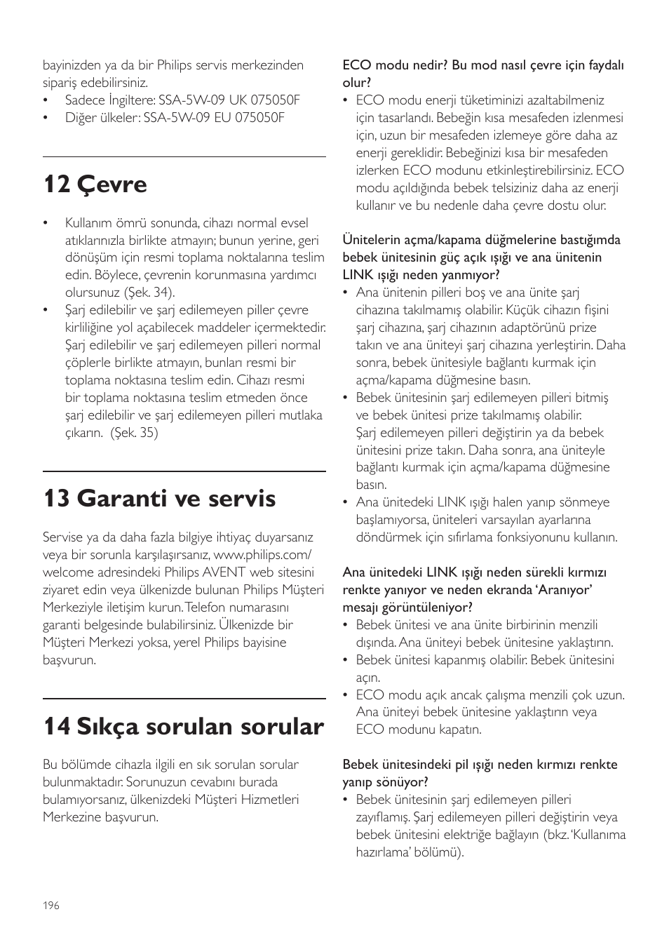 12 çevre, 13 garanti ve servis, 14 sıkça sorulan sorular | Philips AVENT Vigilabebés DECT User Manual | Page 196 / 204