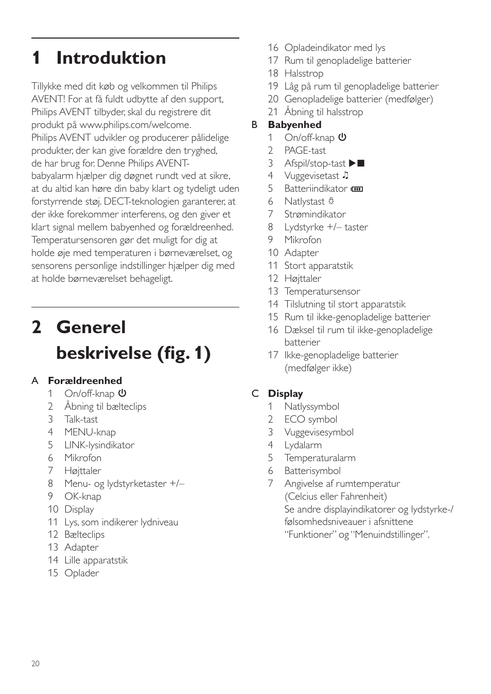 Da brugervejledning, 1 introduktion, 2 generel beskrivelse (fig. 1) | Philips AVENT Vigilabebés DECT User Manual | Page 20 / 204