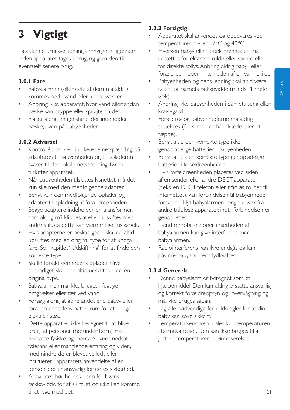 3 vigtigt | Philips AVENT Vigilabebés DECT User Manual | Page 21 / 204