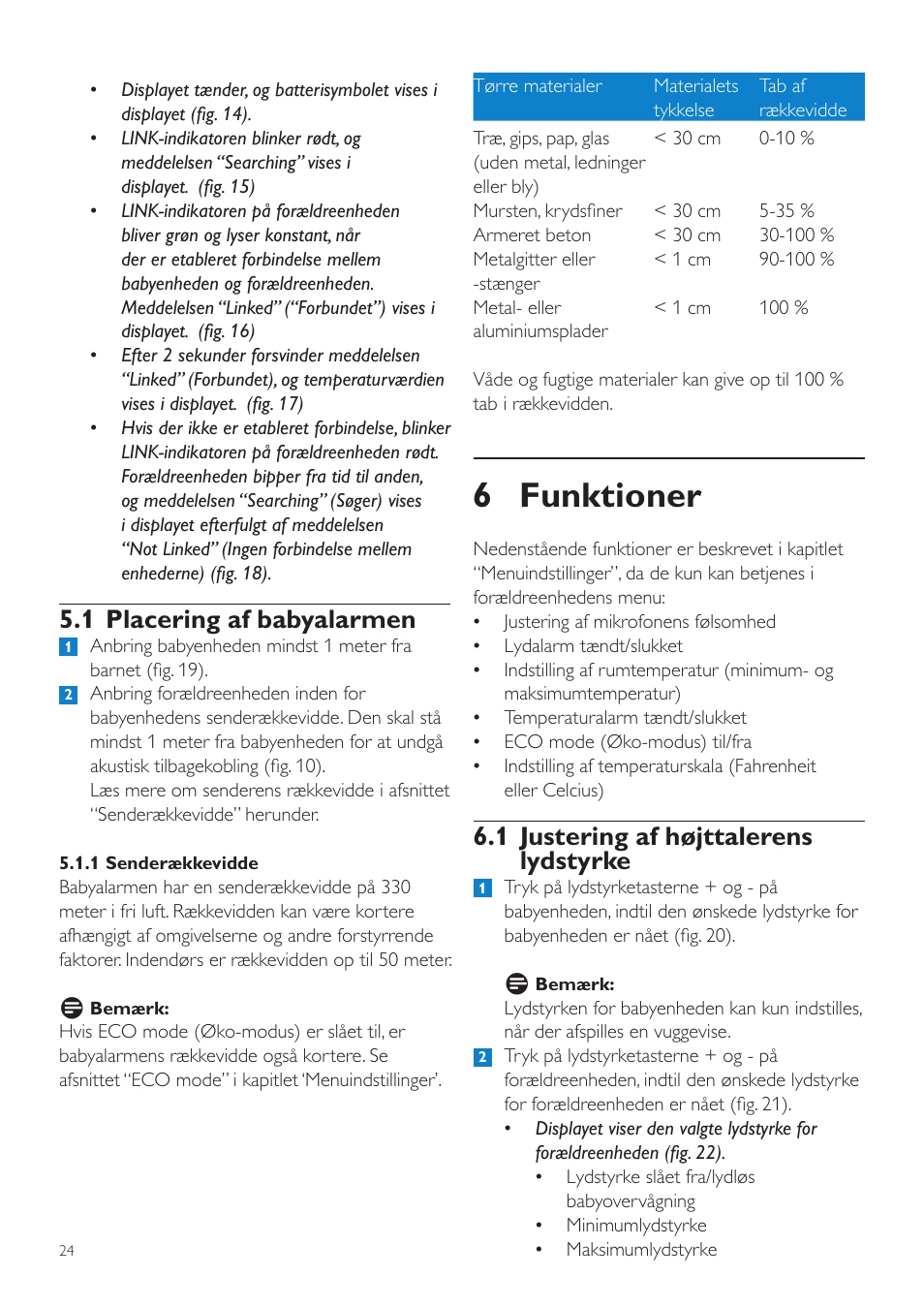 6 funktioner, 1 justering af højttalerens lydstyrke, 1 placering af babyalarmen | Philips AVENT Vigilabebés DECT User Manual | Page 24 / 204