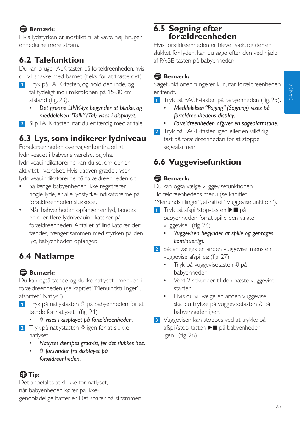 5 søgning efter forældreenheden, 6 vuggevisefunktion, 2 talefunktion | 3 lys, som indikerer lydniveau, 4 natlampe | Philips AVENT Vigilabebés DECT User Manual | Page 25 / 204