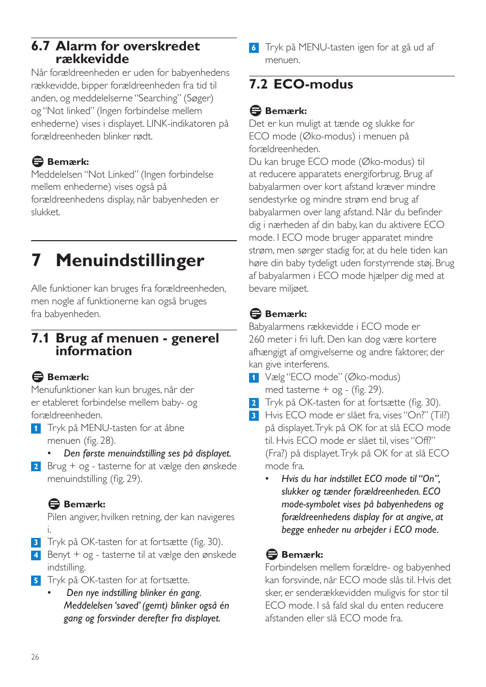 7 menuindstillinger, 2 eco-modus, 7 alarm for overskredet rækkevidde | 1 brug af menuen - generel information | Philips AVENT Vigilabebés DECT User Manual | Page 26 / 204