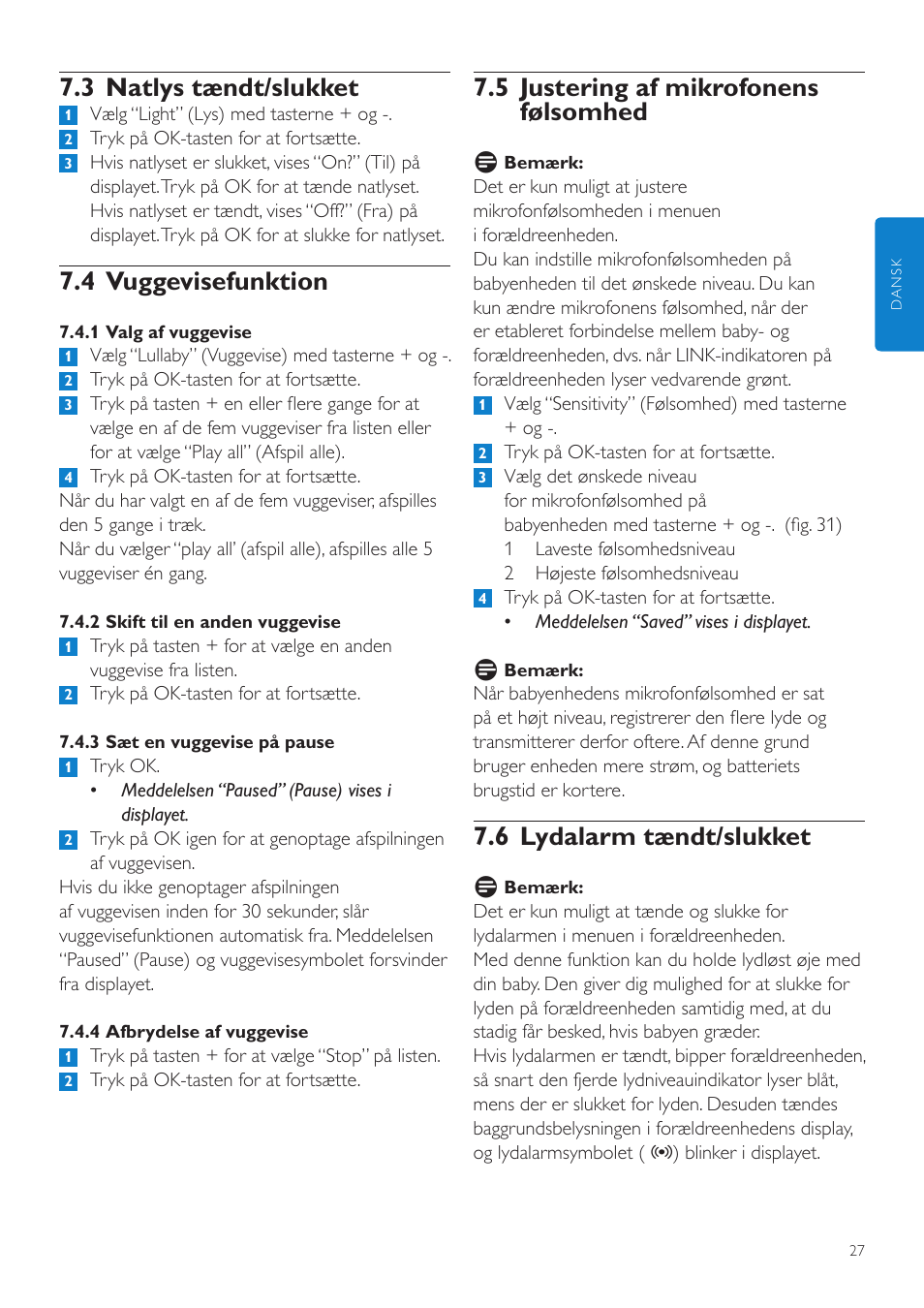 5 justering af mikrofonens følsomhed, 6 lydalarm tændt/slukket, 3 natlys tændt/slukket | 4 vuggevisefunktion | Philips AVENT Vigilabebés DECT User Manual | Page 27 / 204