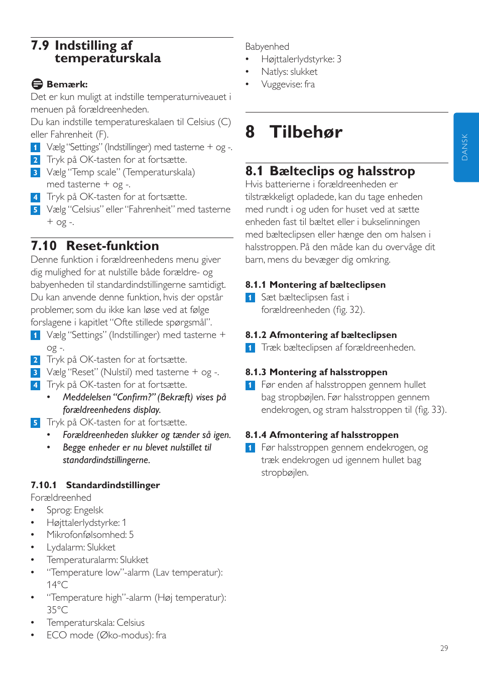 8 tilbehør, 1 bælteclips og halsstrop, 9 indstilling af temperaturskala | 10 reset-funktion | Philips AVENT Vigilabebés DECT User Manual | Page 29 / 204