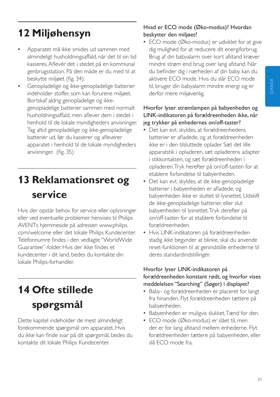 12 miljøhensyn, 13 reklamationsret og service, 14 ofte stillede spørgsmål | Philips AVENT Vigilabebés DECT User Manual | Page 31 / 204