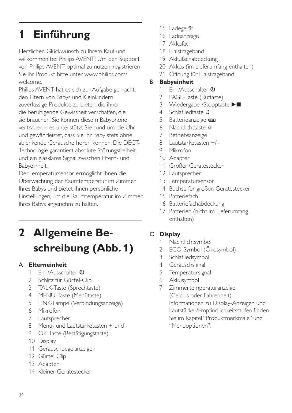 Deutsch, De benutzerhandbuch, 1 einführung | 2 allgemeine be- schreibung (abb. 1) | Philips AVENT Vigilabebés DECT User Manual | Page 34 / 204