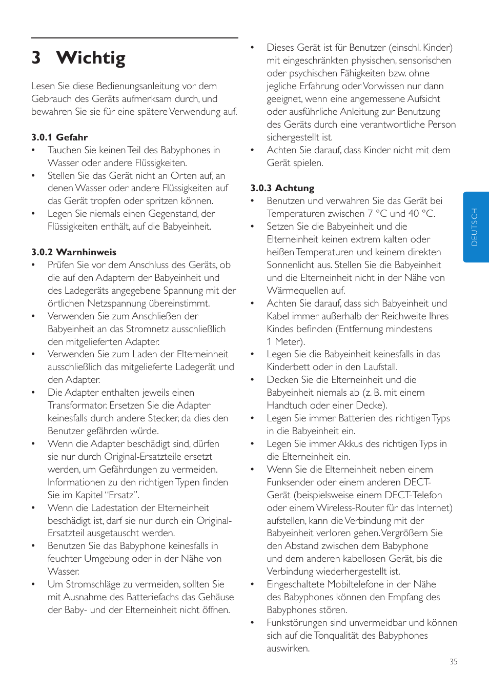 3 wichtig | Philips AVENT Vigilabebés DECT User Manual | Page 35 / 204