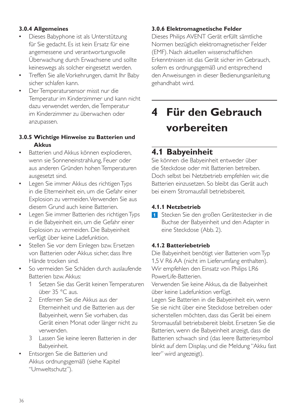 4 für den gebrauch vorbereiten, 1 babyeinheit | Philips AVENT Vigilabebés DECT User Manual | Page 36 / 204