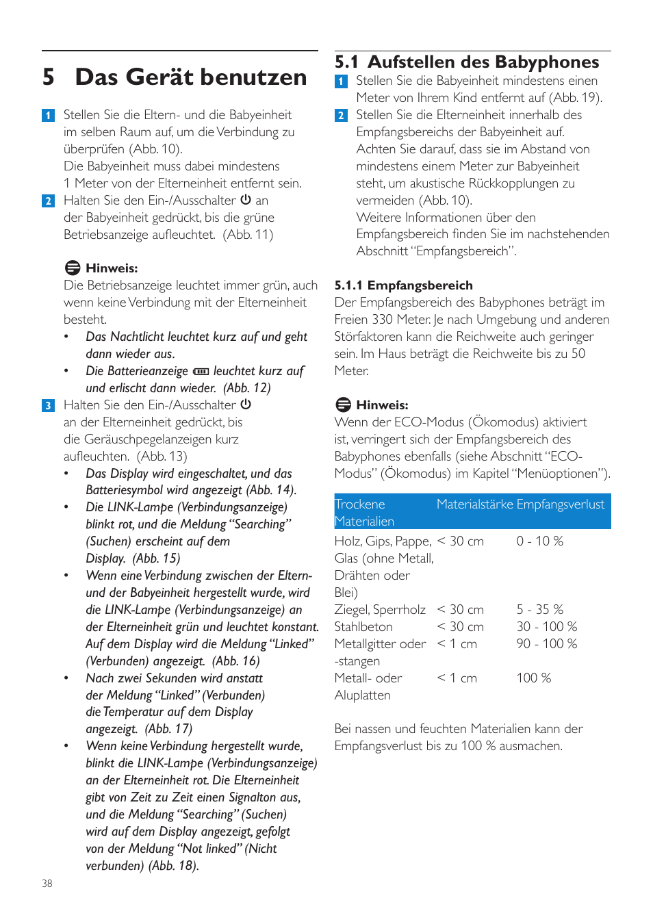 5 das gerät benutzen, 1 aufstellen des babyphones | Philips AVENT Vigilabebés DECT User Manual | Page 38 / 204