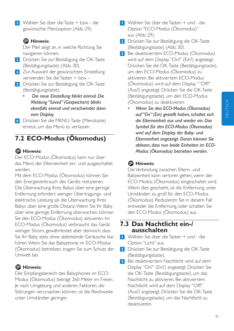 3 das nachtlicht ein-/ ausschalten, 2 eco-modus (ökomodus) | Philips AVENT Vigilabebés DECT User Manual | Page 41 / 204