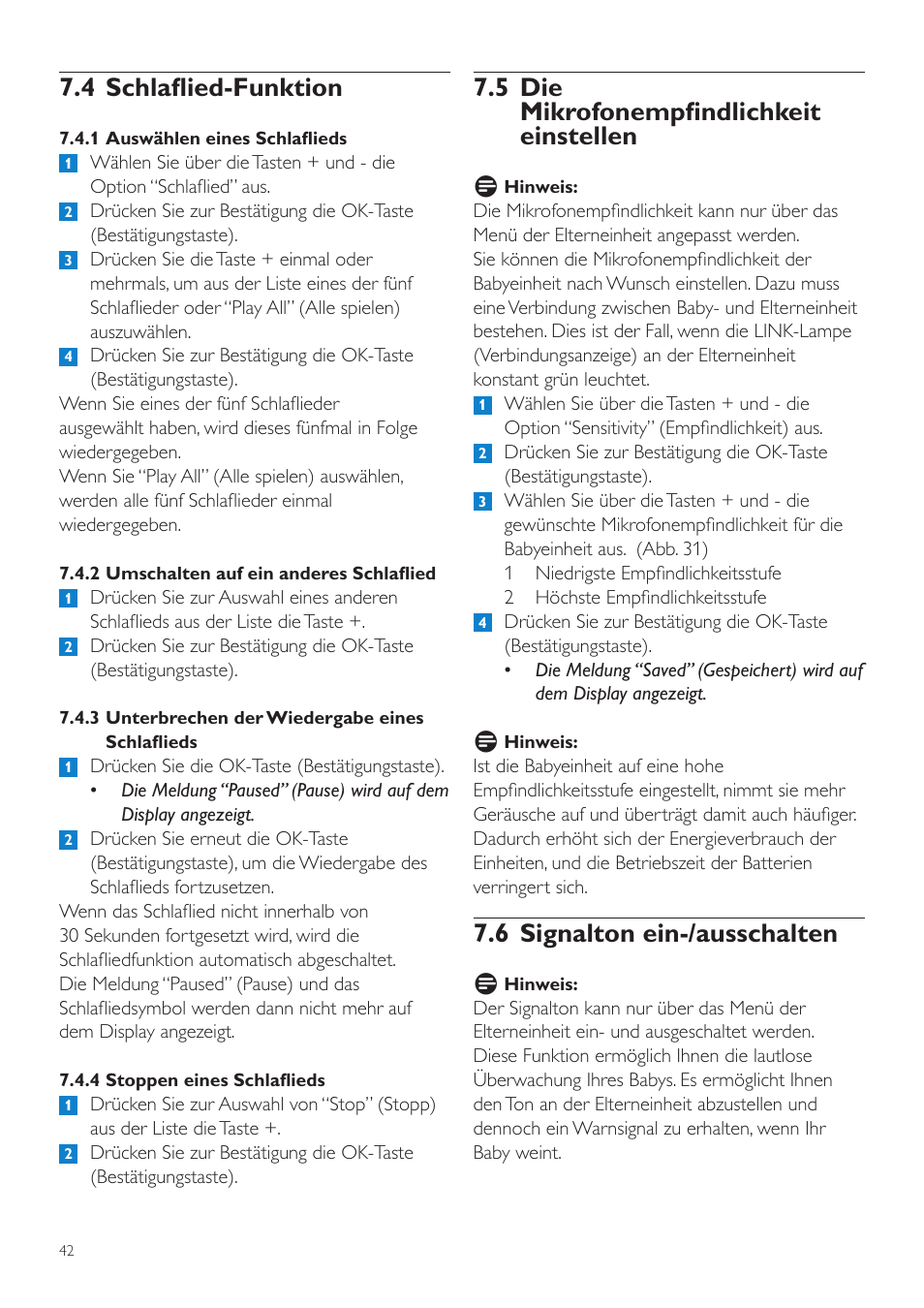 5 die mikrofonempfindlichkeit einstellen, 6 signalton ein-/ausschalten, 4 schlaflied-funktion | Philips AVENT Vigilabebés DECT User Manual | Page 42 / 204