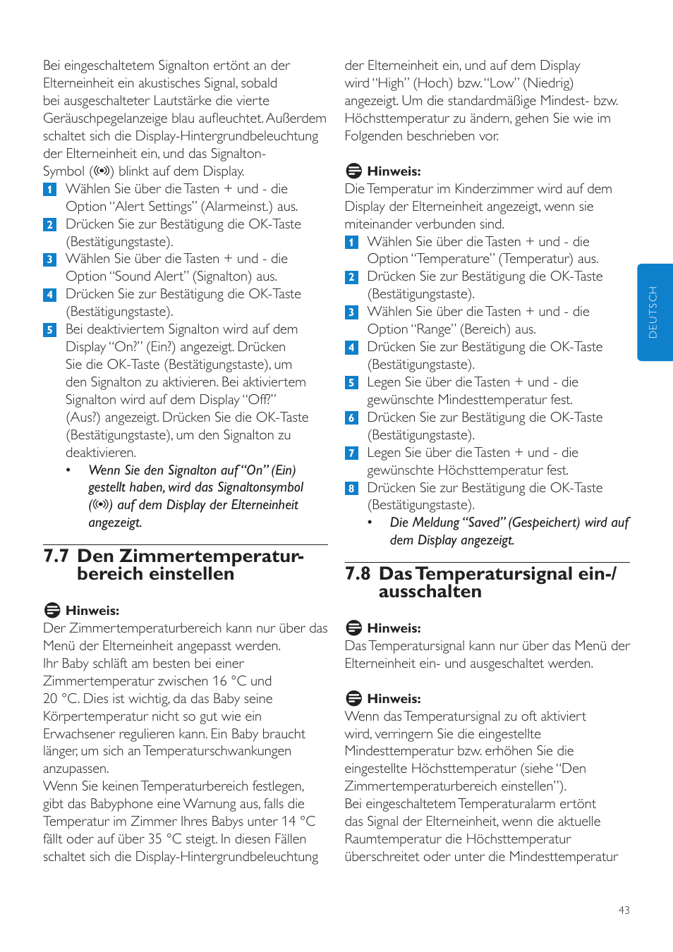 8 das temperatursignal ein-/ ausschalten, 7 den zimmertemperatur- bereich einstellen | Philips AVENT Vigilabebés DECT User Manual | Page 43 / 204