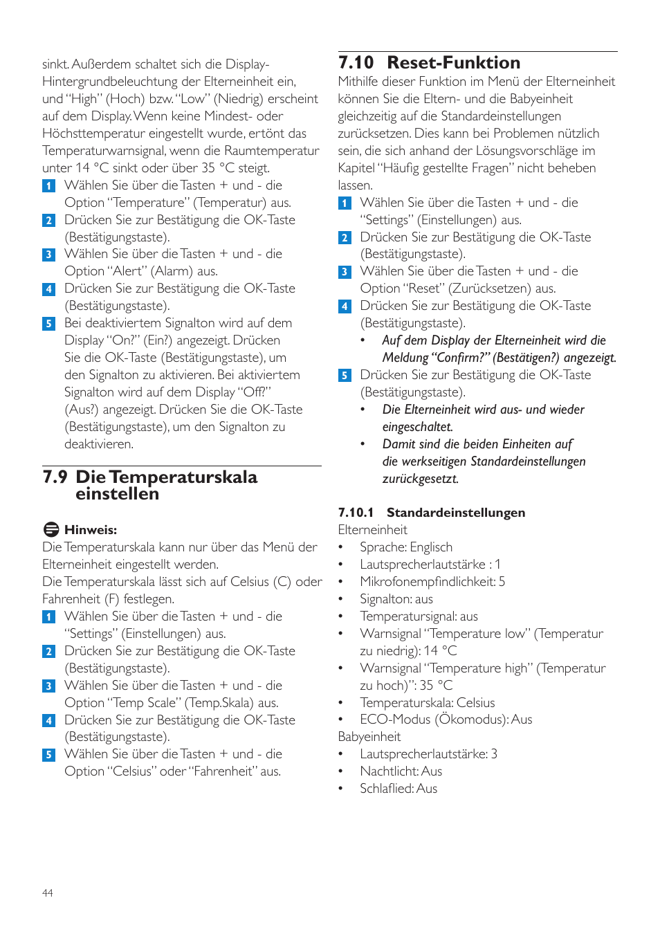 10 reset-funktion, 9 die temperaturskala einstellen | Philips AVENT Vigilabebés DECT User Manual | Page 44 / 204