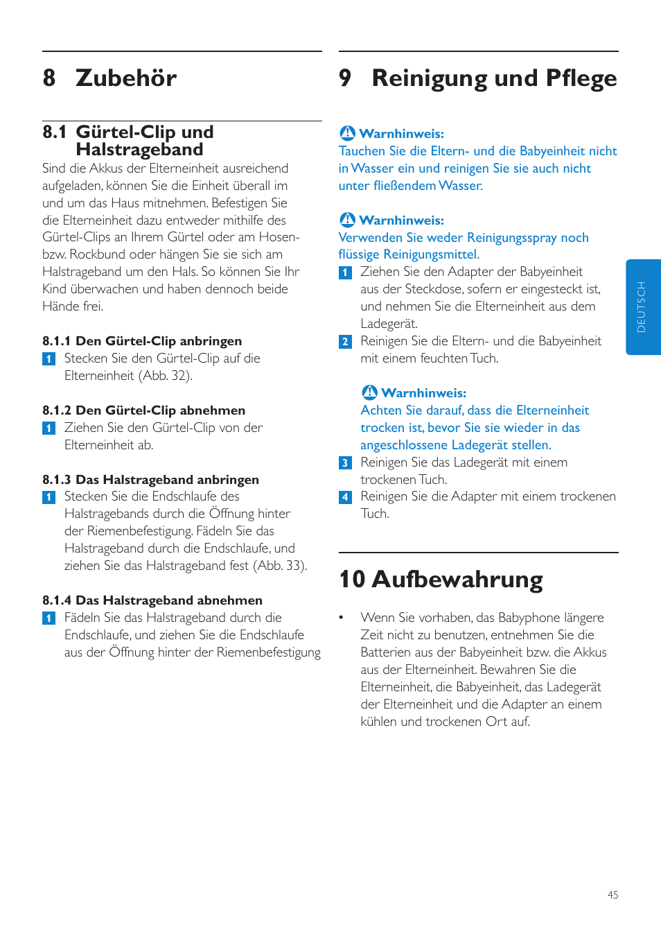 9 reinigung und pflege, 10 aufbewahrung, 8 zubehör | 1 gürtel-clip und halstrageband | Philips AVENT Vigilabebés DECT User Manual | Page 45 / 204