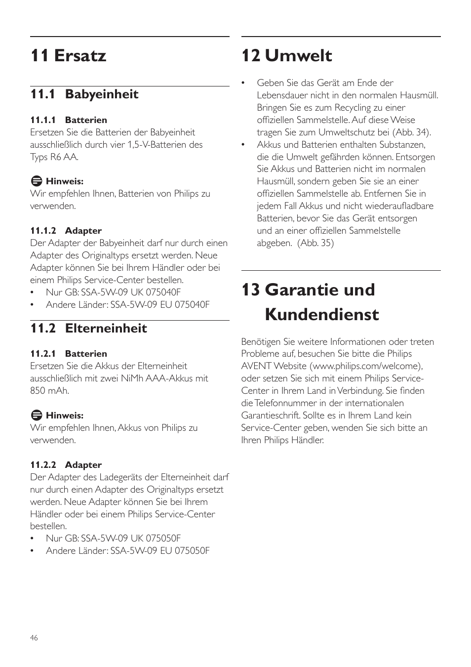12 umwelt, 13 garantie und kundendienst, 11 ersatz | 1 babyeinheit, 2 elterneinheit | Philips AVENT Vigilabebés DECT User Manual | Page 46 / 204