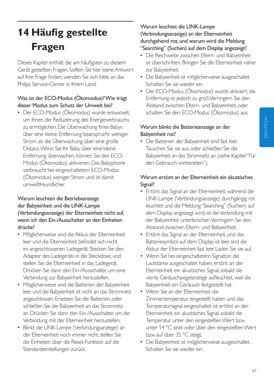 14 häufig gestellte fragen | Philips AVENT Vigilabebés DECT User Manual | Page 47 / 204