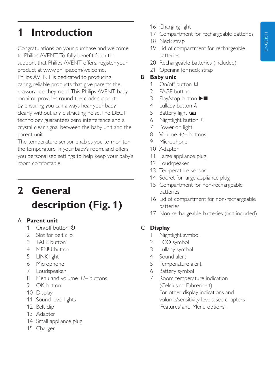 En user manual, 1 introduction, 2 general description (fig. 1) | Philips AVENT Vigilabebés DECT User Manual | Page 5 / 204