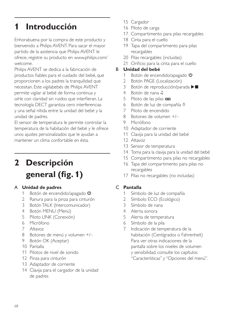 Español, Es manual del usuario, 1 introducción | 2 descripción general (fig. 1) | Philips AVENT Vigilabebés DECT User Manual | Page 68 / 204