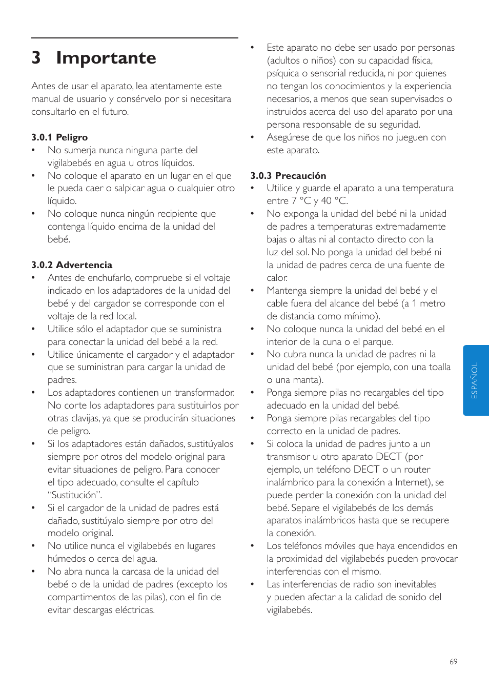 3 importante | Philips AVENT Vigilabebés DECT User Manual | Page 69 / 204