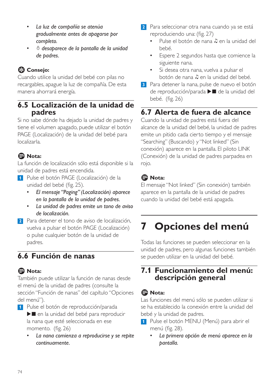 7 opciones del menú, 7 alerta de fuera de alcance, 1 funcionamiento del menú: descripción general | 5 localización de la unidad de padres, 6 función de nanas | Philips AVENT Vigilabebés DECT User Manual | Page 74 / 204