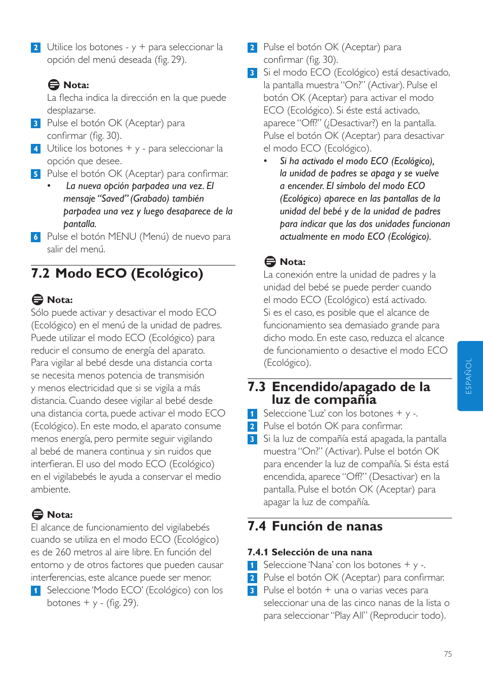 3 encendido/apagado de la luz de compañía, 4 función de nanas, 2 modo eco (ecológico) | Philips AVENT Vigilabebés DECT User Manual | Page 75 / 204