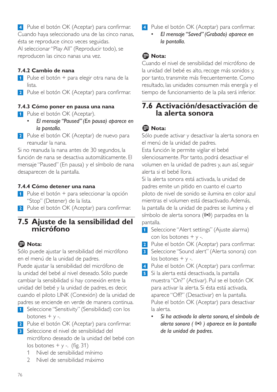 6 activación/desactivación de la alerta sonora, 5 ajuste de la sensibilidad del micrófono | Philips AVENT Vigilabebés DECT User Manual | Page 76 / 204