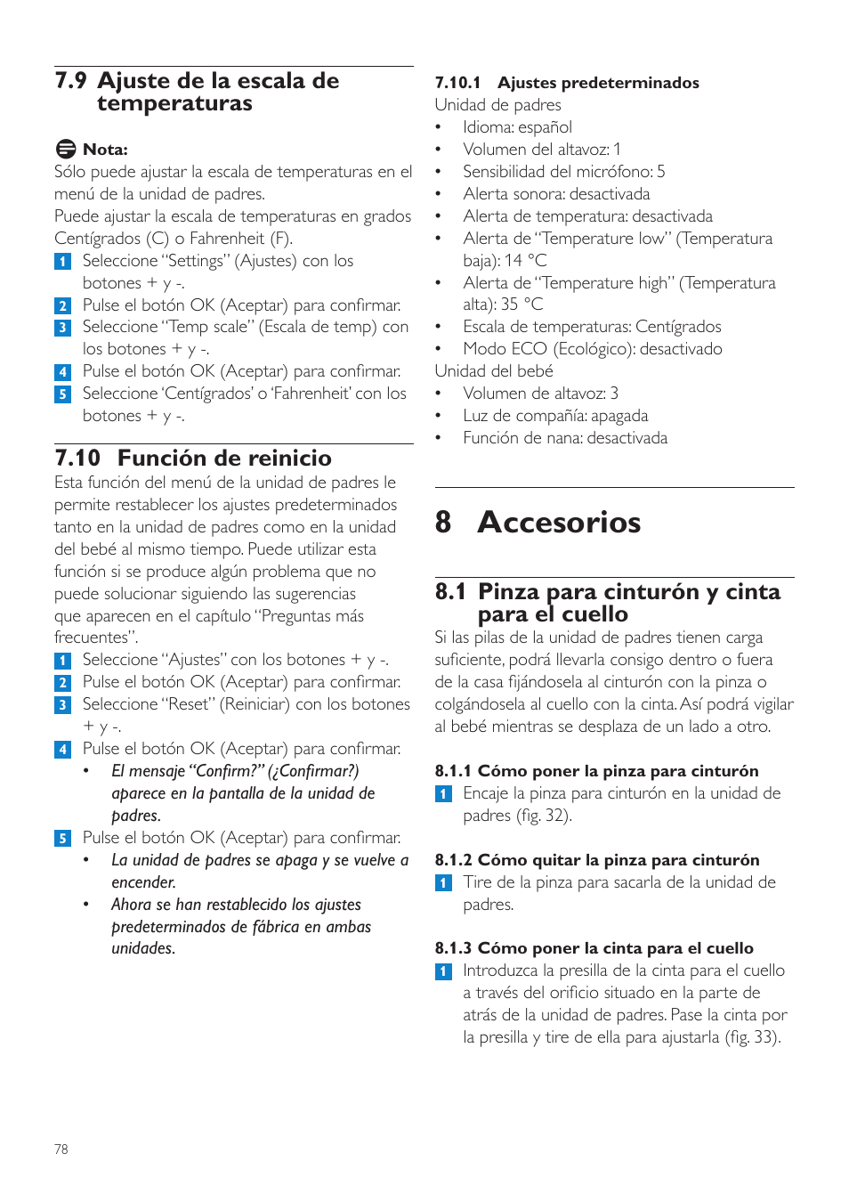 8 accesorios, 1 pinza para cinturón y cinta para el cuello, 9 ajuste de la escala de temperaturas | 10 función de reinicio | Philips AVENT Vigilabebés DECT User Manual | Page 78 / 204