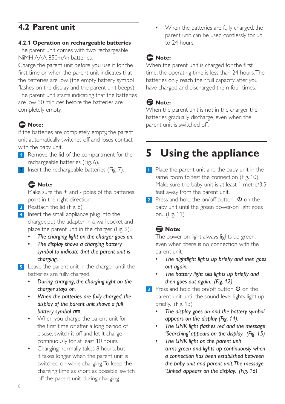5 using the appliance, 2 parent unit | Philips AVENT Vigilabebés DECT User Manual | Page 8 / 204