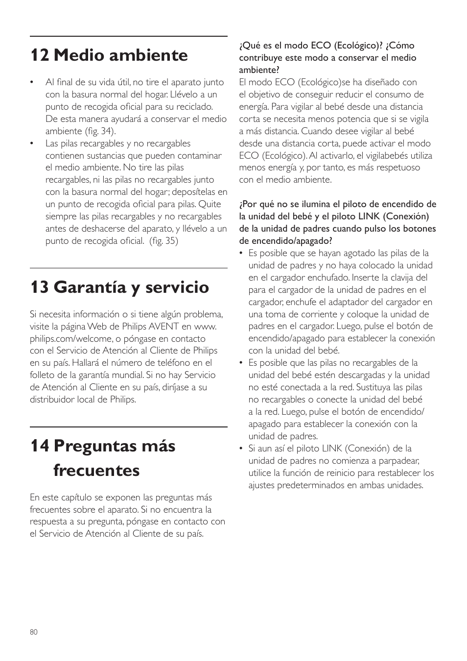 12 medio ambiente, 13 garantía y servicio, 14 preguntas más frecuentes | Philips AVENT Vigilabebés DECT User Manual | Page 80 / 204