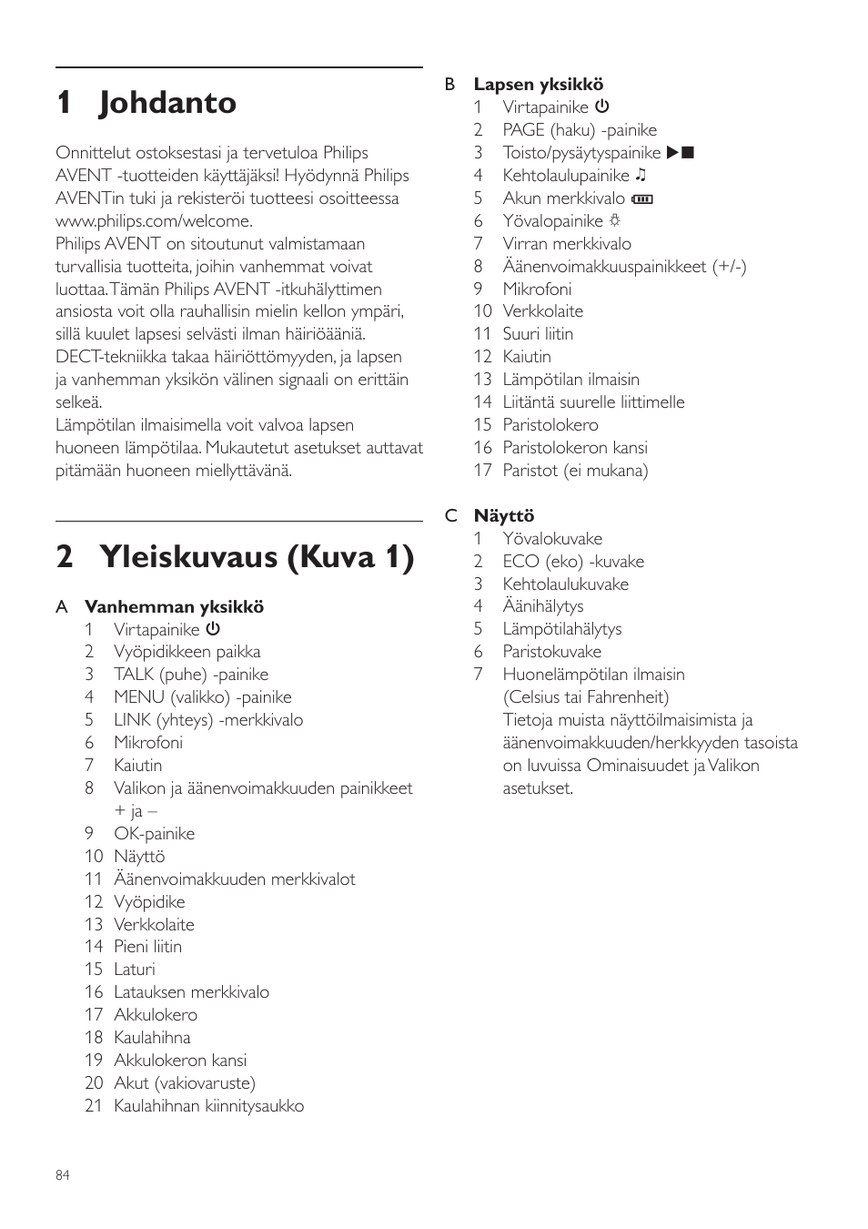 Suomi, Fi käyttöopas, 1 johdanto | 2 yleiskuvaus (kuva 1) | Philips AVENT Vigilabebés DECT User Manual | Page 84 / 204