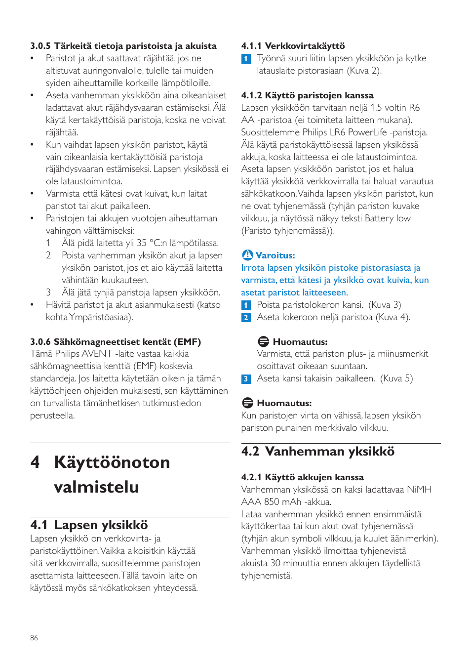 4 käyttöönoton valmistelu, 2 vanhemman yksikkö, 1 lapsen yksikkö | Philips AVENT Vigilabebés DECT User Manual | Page 86 / 204