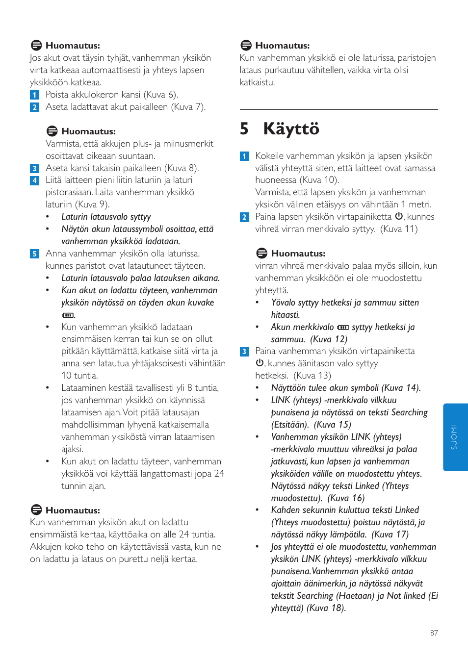 5 käyttö | Philips AVENT Vigilabebés DECT User Manual | Page 87 / 204