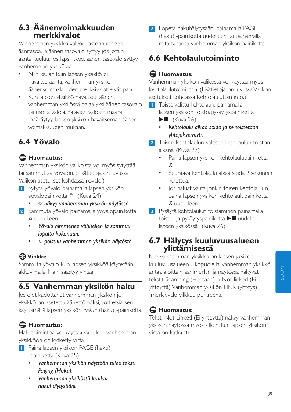 6 kehtolaulutoiminto, 7 hälytys kuuluvuusalueen ylittämisestä, 3 äänenvoimakkuuden merkkivalot | 4 yövalo, 5 vanhemman yksikön haku | Philips AVENT Vigilabebés DECT User Manual | Page 89 / 204
