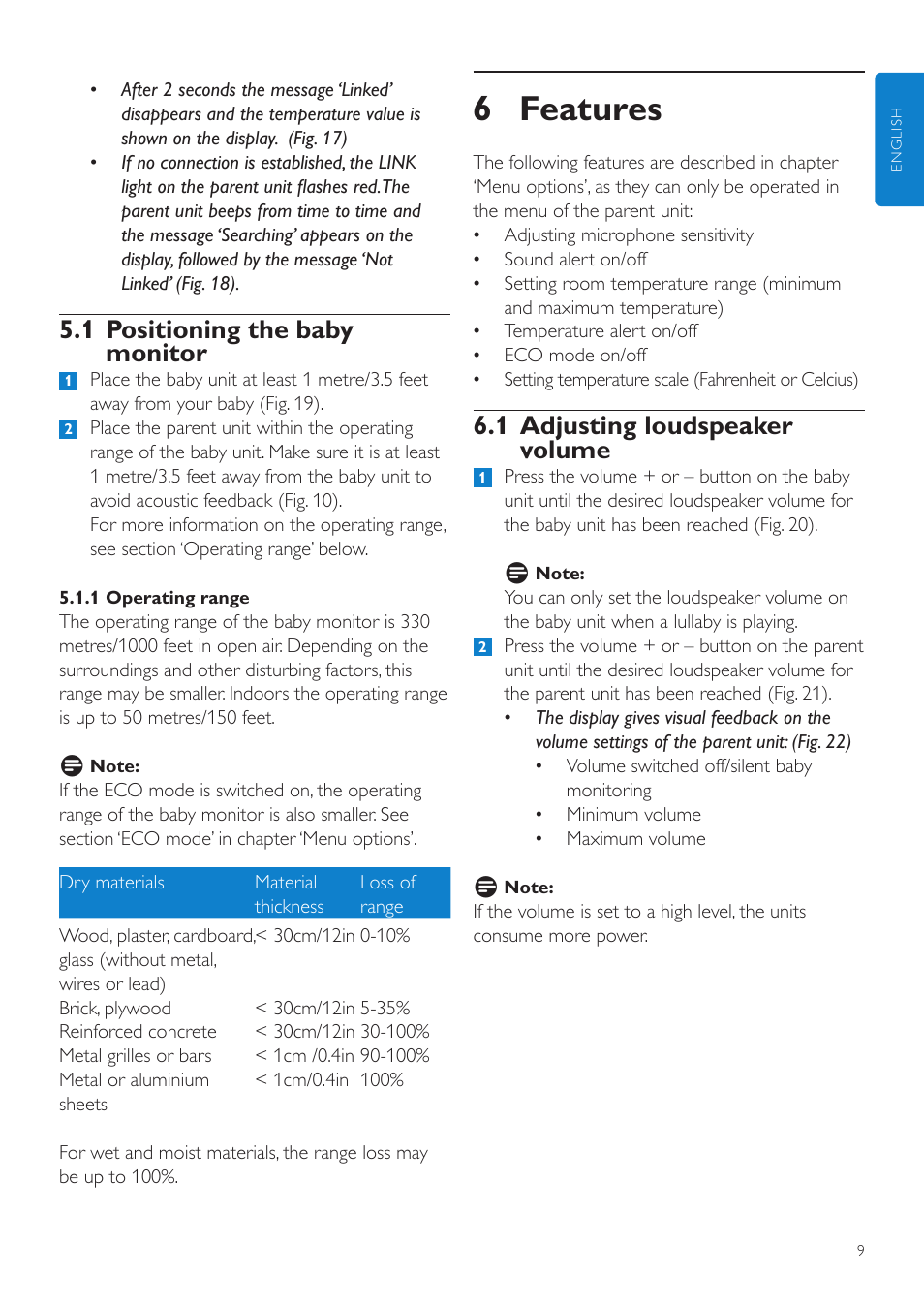 6 features, 1 adjusting loudspeaker volume, 1 positioning the baby monitor | Philips AVENT Vigilabebés DECT User Manual | Page 9 / 204