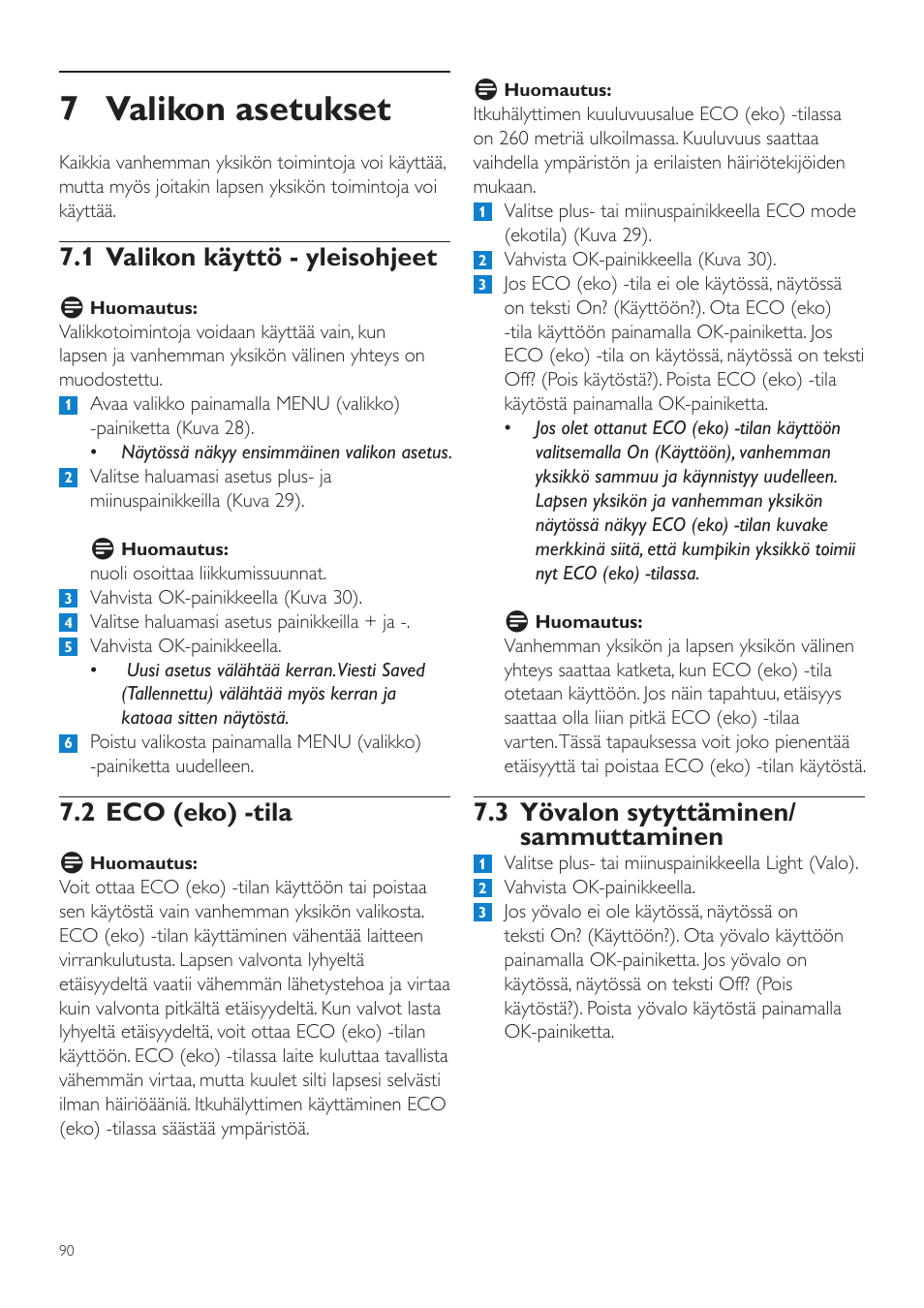 7 valikon asetukset, 3 yövalon sytyttäminen/ sammuttaminen, 1 valikon käyttö - yleisohjeet | 2 eco (eko) -tila | Philips AVENT Vigilabebés DECT User Manual | Page 90 / 204