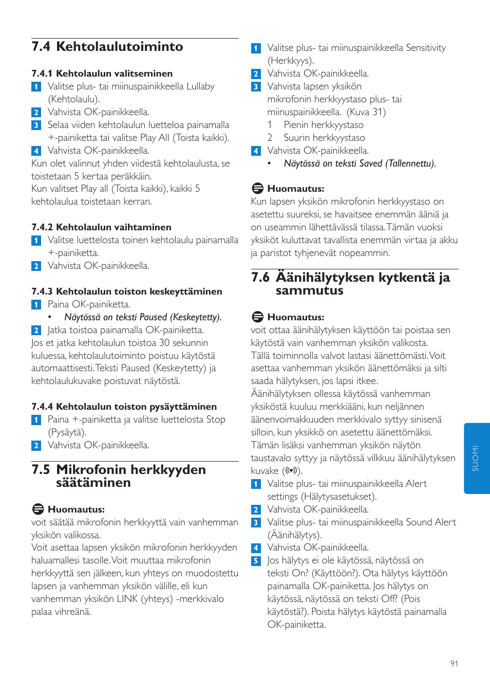 6 äänihälytyksen kytkentä ja sammutus, 4 kehtolaulutoiminto, 5 mikrofonin herkkyyden säätäminen | Philips AVENT Vigilabebés DECT User Manual | Page 91 / 204