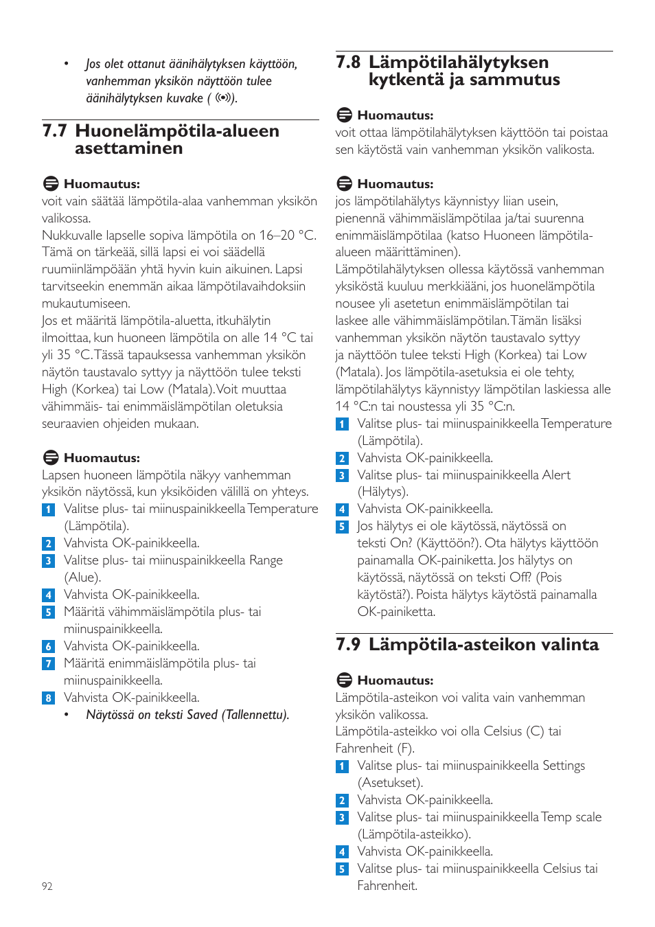 8 lämpötilahälytyksen kytkentä ja sammutus, 9 lämpötila-asteikon valinta, 7 huonelämpötila-alueen asettaminen | Philips AVENT Vigilabebés DECT User Manual | Page 92 / 204
