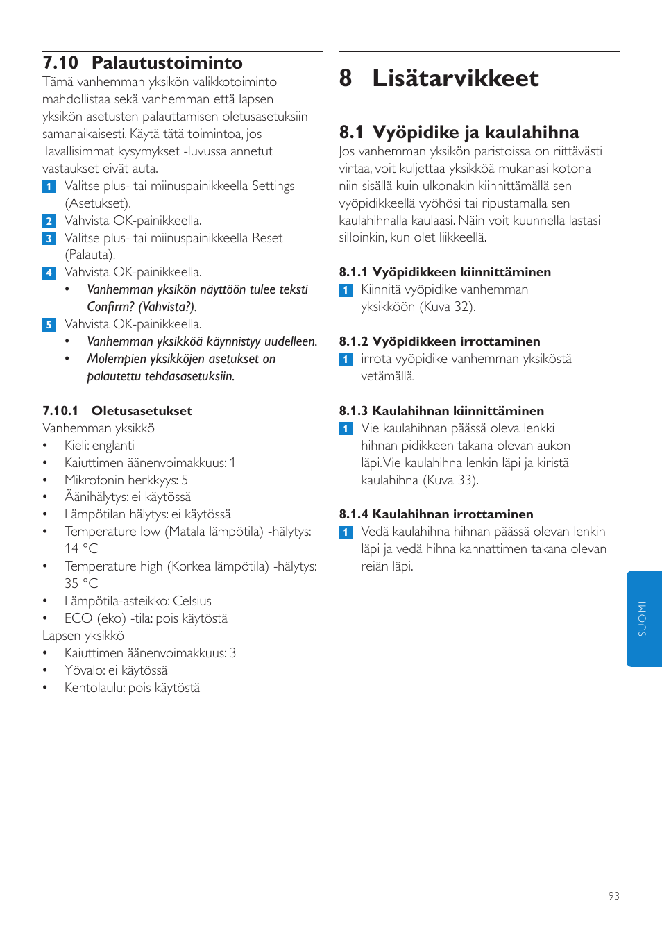 8 lisätarvikkeet, 1 vyöpidike ja kaulahihna, 10 palautustoiminto | Philips AVENT Vigilabebés DECT User Manual | Page 93 / 204