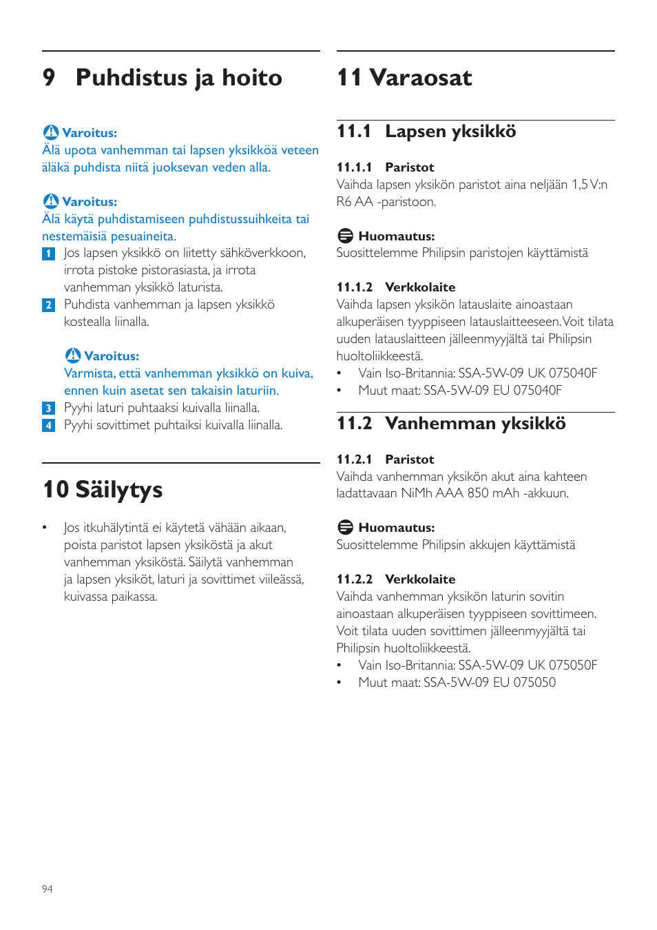 11 varaosat, 9 puhdistus ja hoito, 10 säilytys | 1 lapsen yksikkö, 2 vanhemman yksikkö | Philips AVENT Vigilabebés DECT User Manual | Page 94 / 204