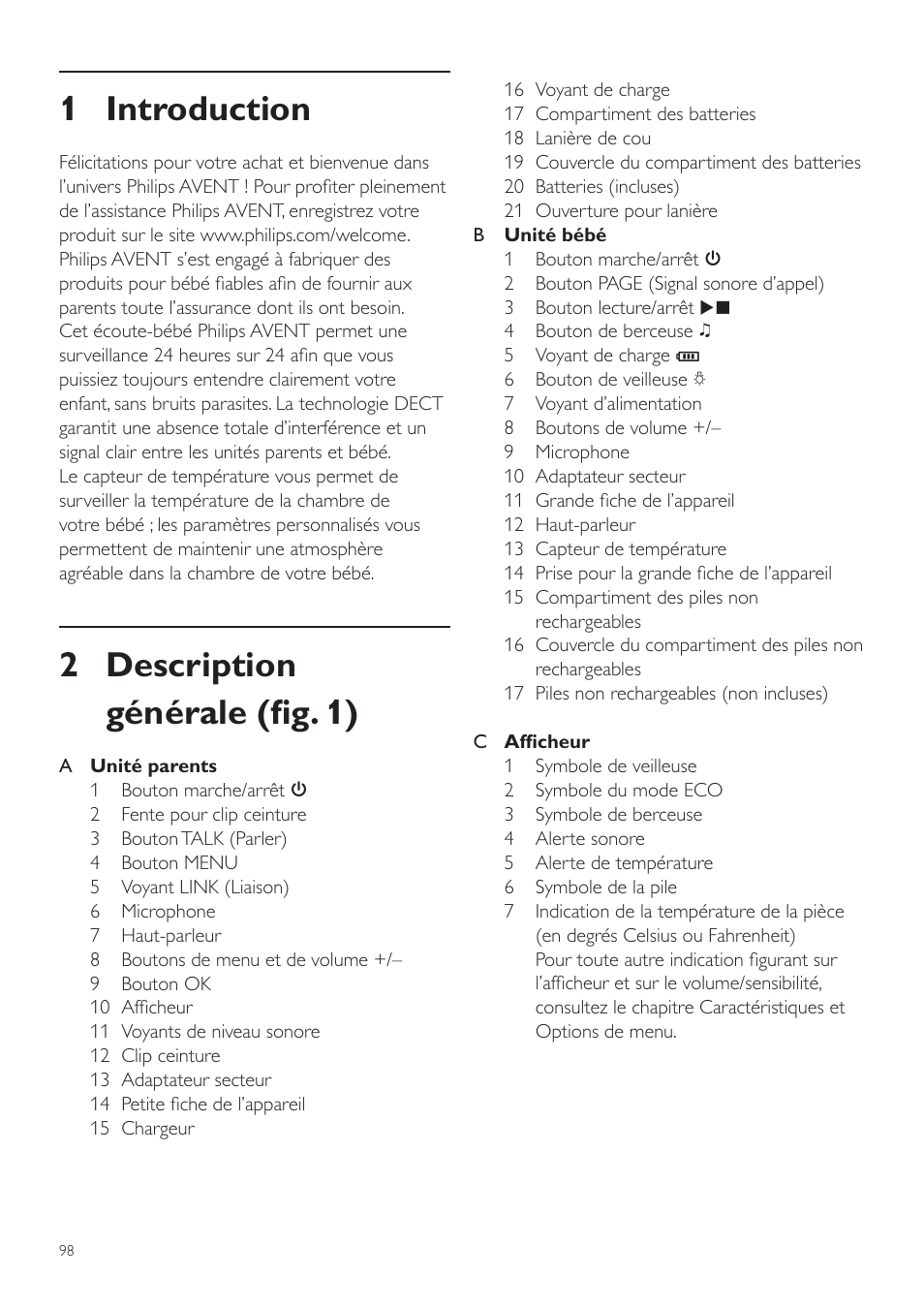 Français, Fr mode d’emploi, 1 introduction | 2 description générale (fig. 1) | Philips AVENT Vigilabebés DECT User Manual | Page 98 / 204