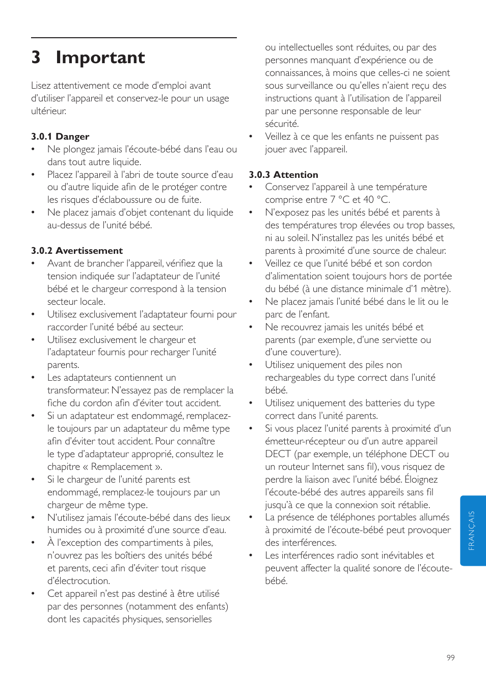 3 important | Philips AVENT Vigilabebés DECT User Manual | Page 99 / 204