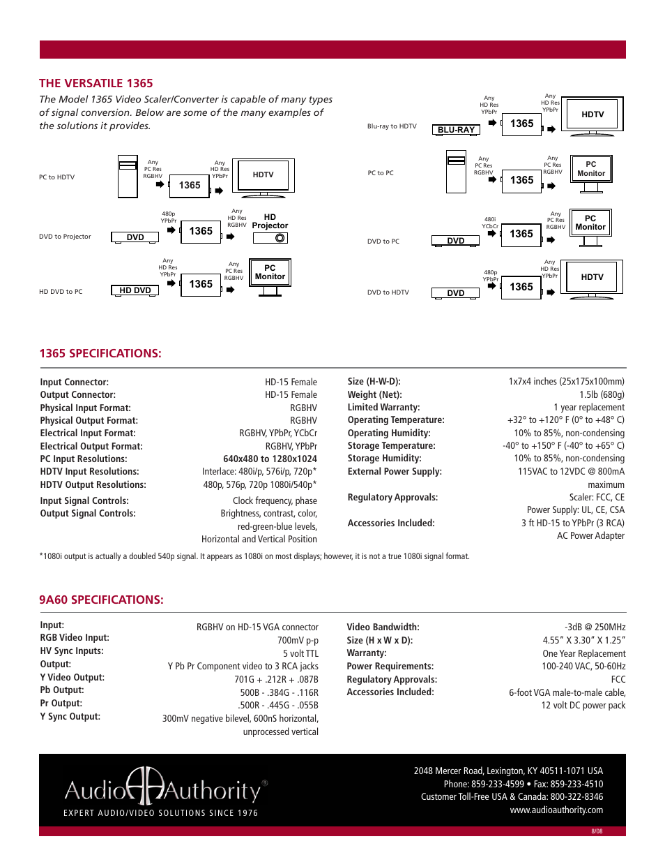 9a60 specifications, 1365 specifications, The versatile 1365 | Audio Authority VGA to Component Video Transcoder 9A60 User Manual | Page 2 / 2