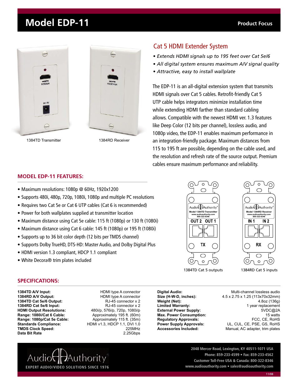 Audio Authority Cat 5 HDMI Extender System EDP-11 User Manual | 1 page