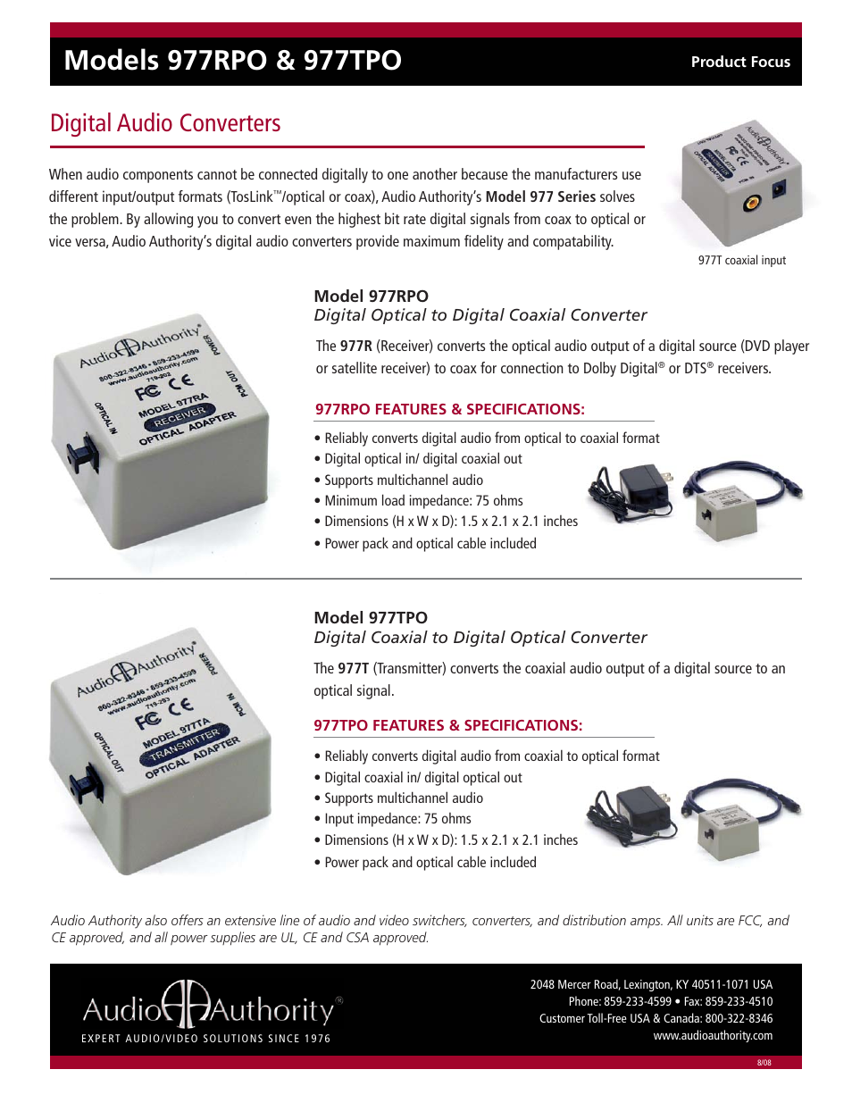 Audio Authority Digital Audio Converters 977RPO User Manual | 1 page