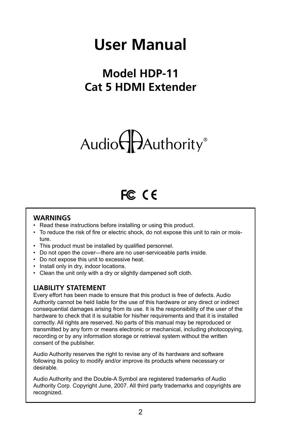User manual, Model hdp-11 cat 5 hdmi extender | Audio Authority Cat 5 HDMI Extender HDP-11 User Manual | Page 2 / 12