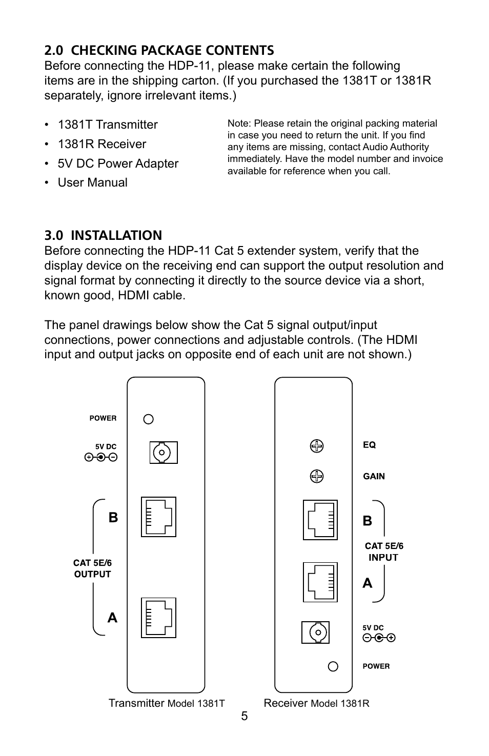 0 checking package contents, 0 installation | Audio Authority Cat 5 HDMI Extender HDP-11 User Manual | Page 5 / 12