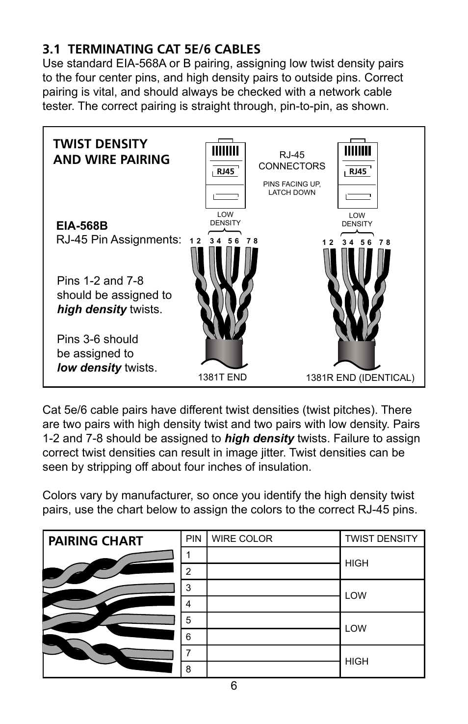 1 terminating cat 5e/6 cables, Twist density and wire pairing, Pairing chart | Audio Authority Cat 5 HDMI Extender HDP-11 User Manual | Page 6 / 12