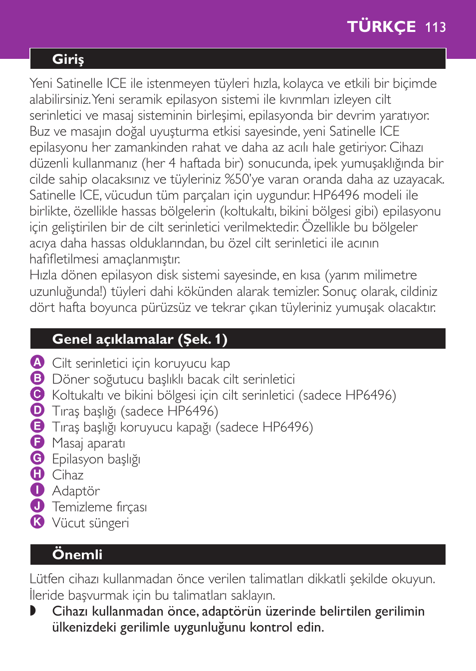 Türkçe, Giriş, Genel açıklamalar﻿ (şek. 1) | Önemli | Philips Satinelle Ice Depiladora User Manual | Page 113 / 128