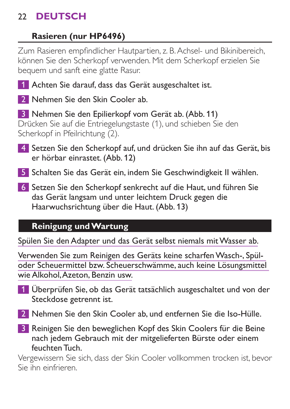 Rasieren (nur hp6496), Reinigung und wartung | Philips Satinelle Ice Depiladora User Manual | Page 22 / 128